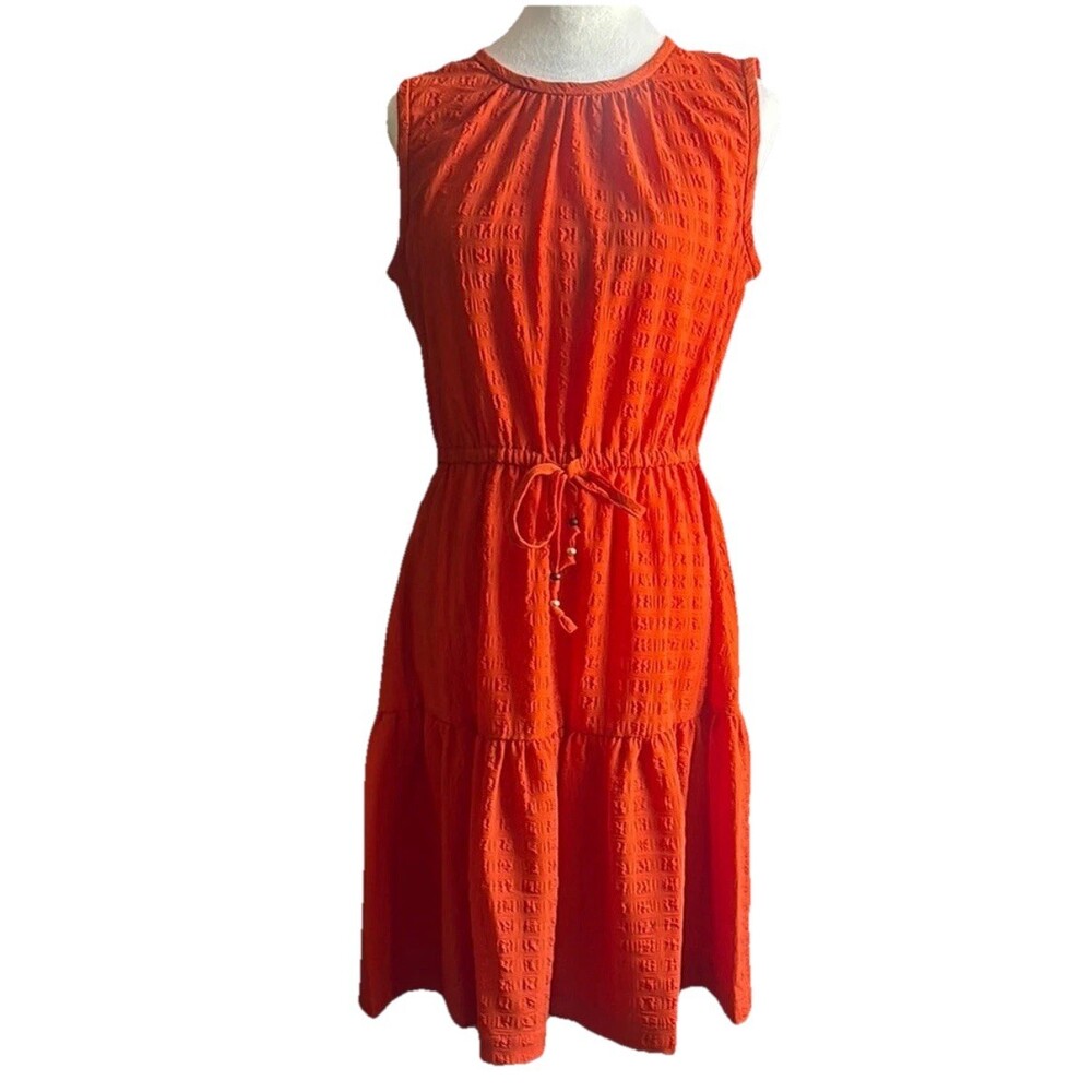 Calvin Klein Sleeveless Tiered Tie Waist Dress Red Orange 6 Brunch Summer Office